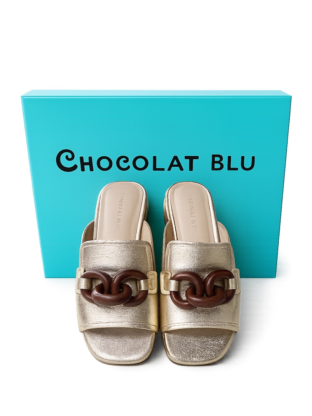 Chocolat Blu Bell Gold Slide Sandals with Brown Chain Detail